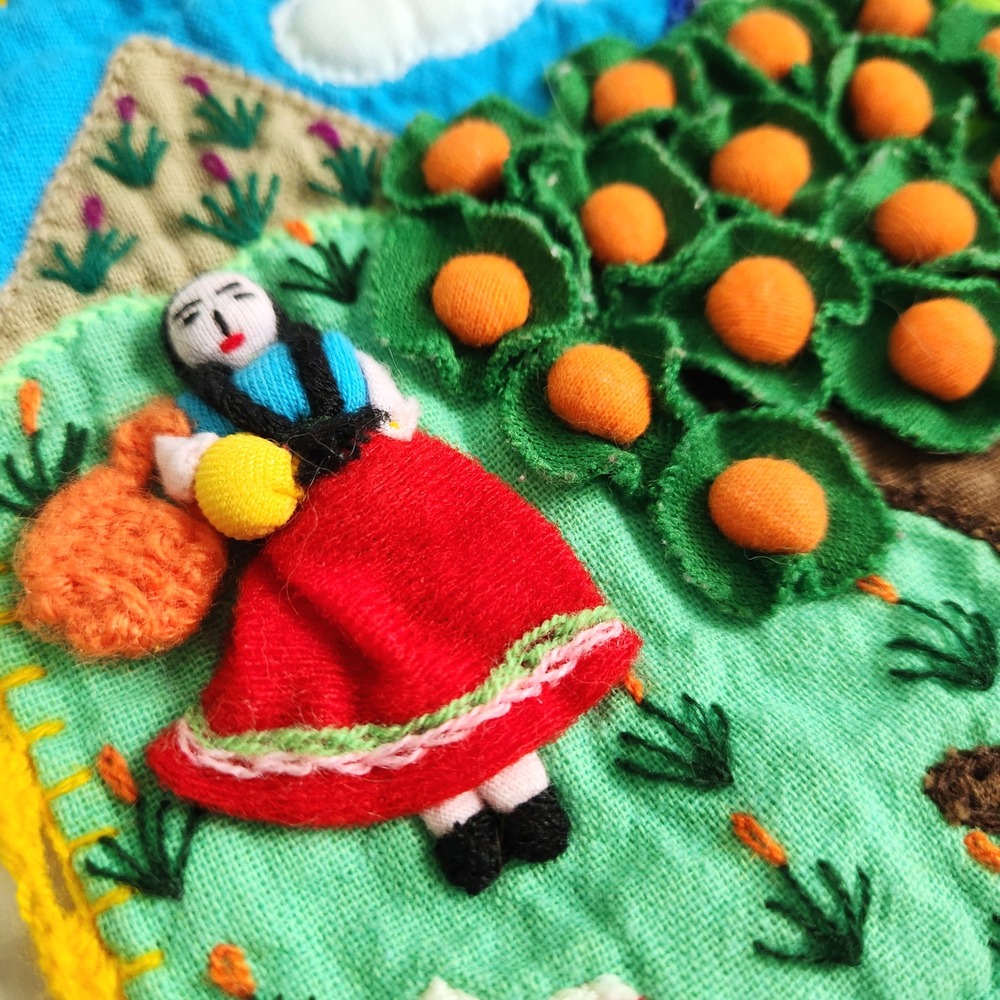 Peruvian Folk Art Tapestry Embroidered Orange Tree Wall Hanging Landscape - Picture 3 of 7
